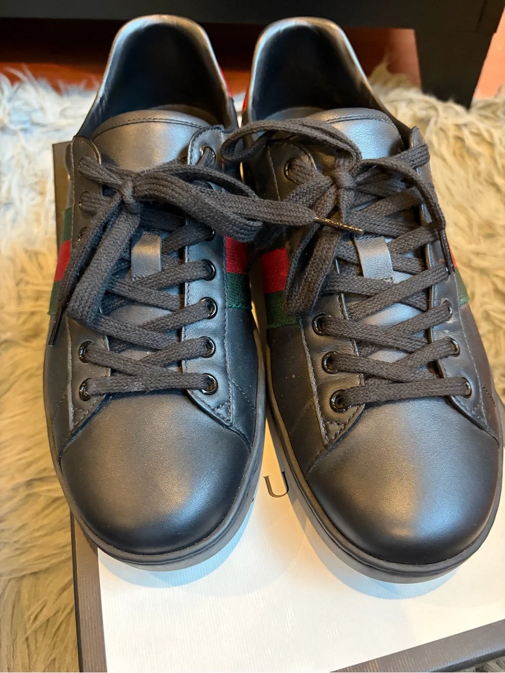 Gucci Black Leather Sneakers with Green & Red Web Stripe